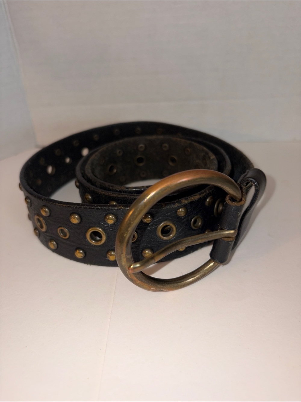 Studded Black Leather Belt with Antique Brass Buckle -   for men or women